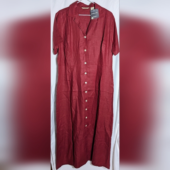 NWT EDDIE BAUER 100% Linen Burgundy Maxi Shirt Dress Size 16 - Picture 2 of 11